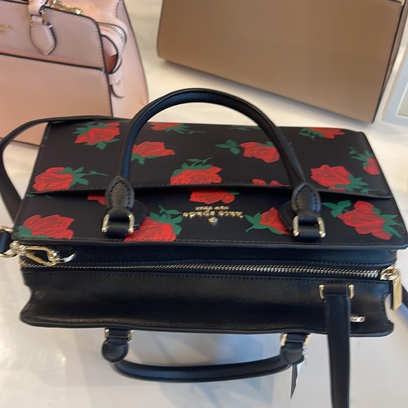 Kate Spade Madison Safiano Leather Medium Rose Toss Print Satchel 
Black Multi - Picture 8 of 16